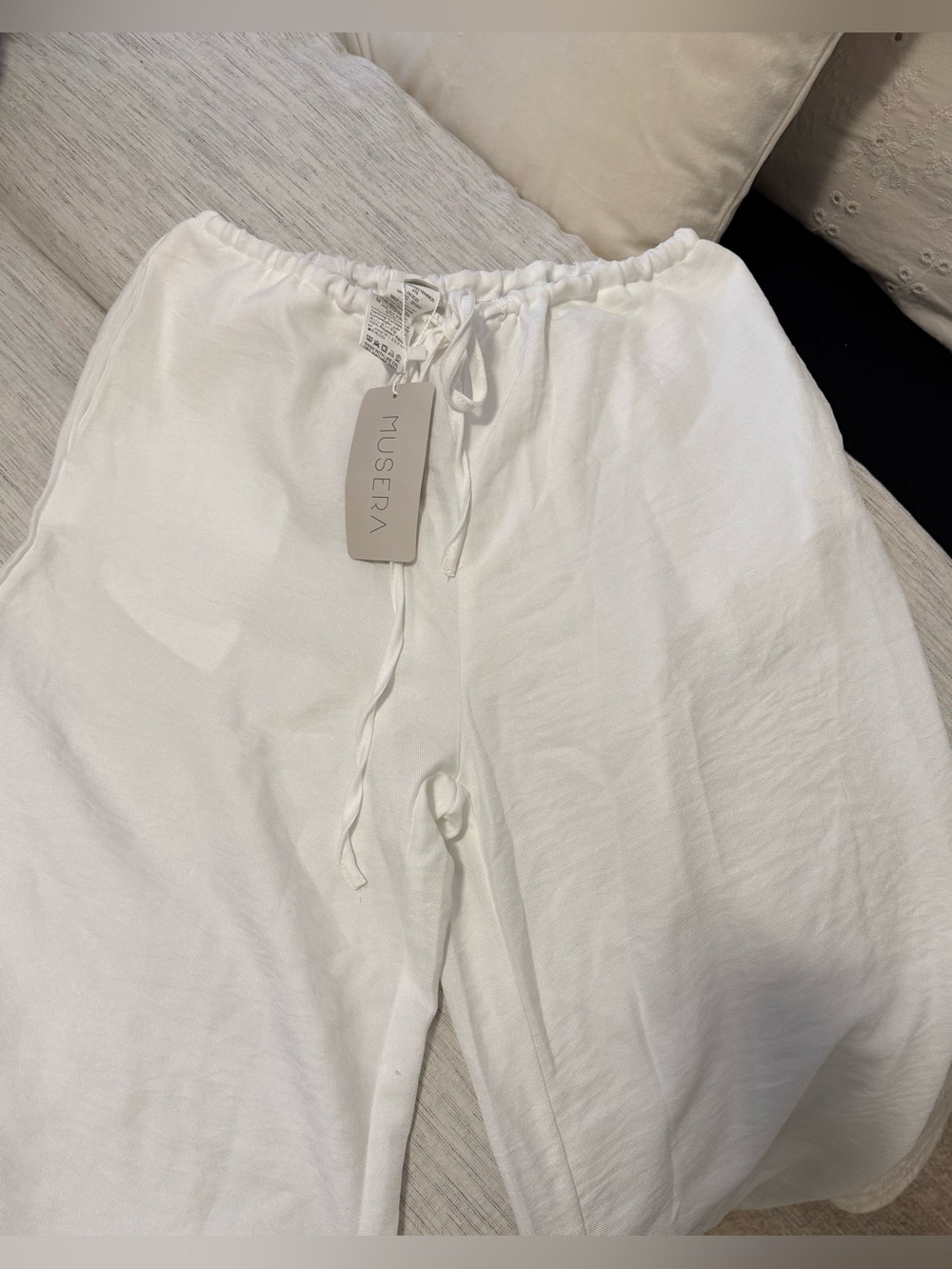 White Drawstring Wide-Leg Linen Pants